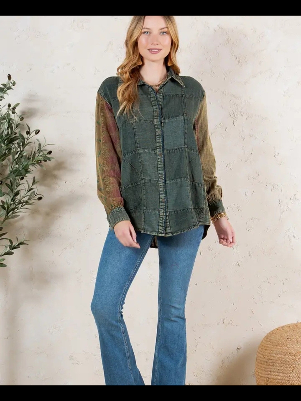 Patchwork Western Washed Gravel Button-Down Shirt
